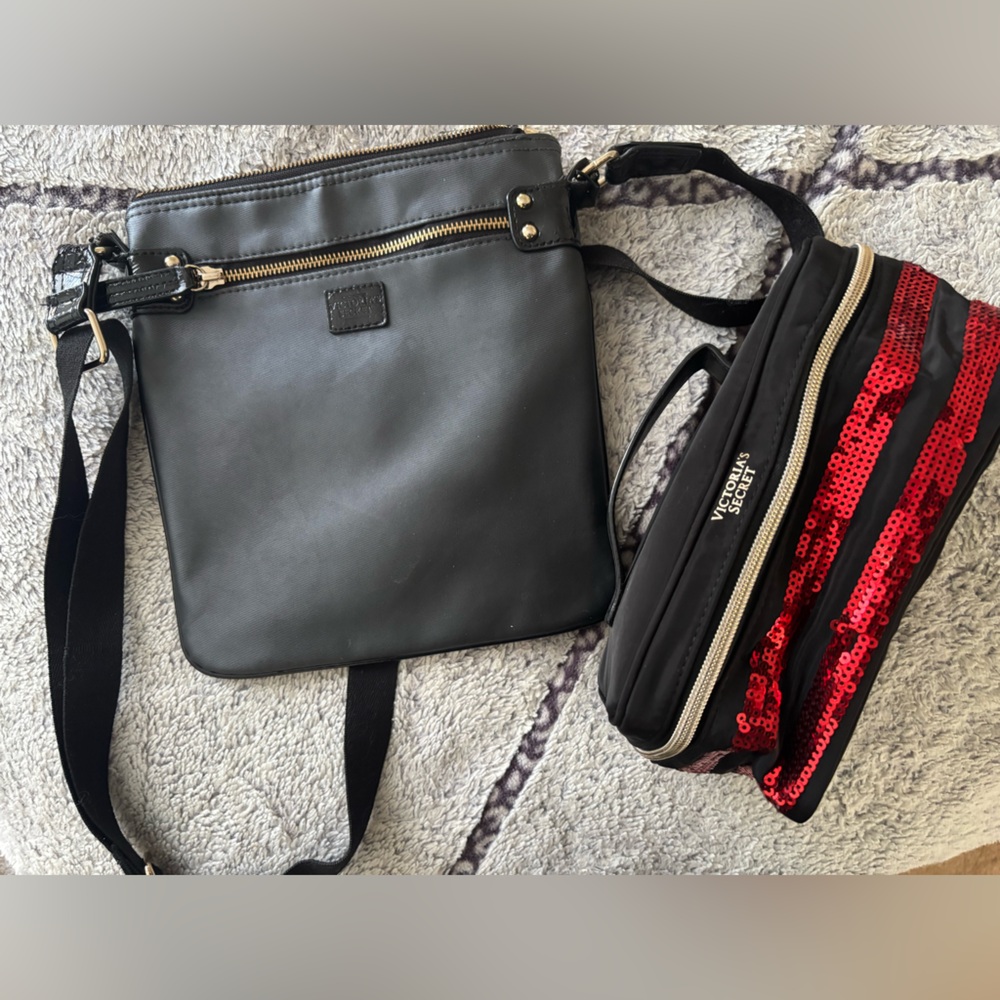 Victoria's Secret Black Bag with Red Sequin Accent Toiletry Pouch